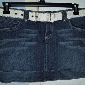 SO Stretch Blue Denim Cotton Spandex Mini Skirt w/White Belt Junior's 11 NWT